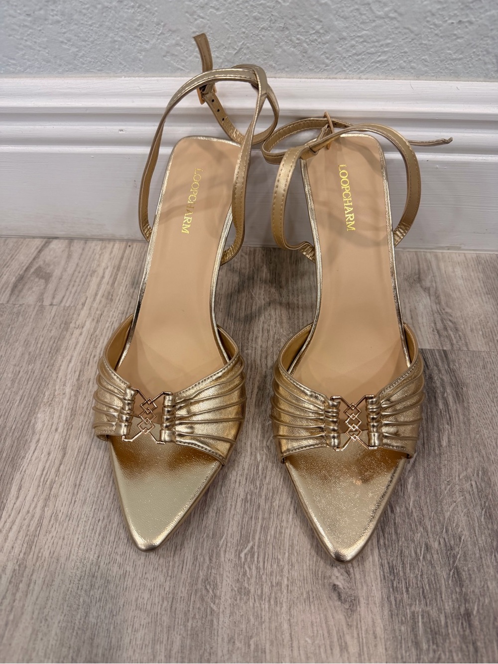 LoopyCharm Gold Pointed-Toe Ankle-Strap Heels